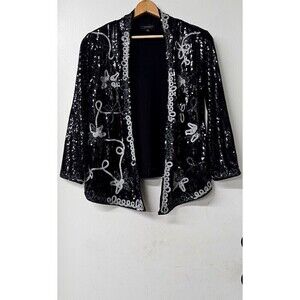 INVESTMENTS Petite Black Sequin Long Sleeve Open Front Women Cardigan Jacket (M)